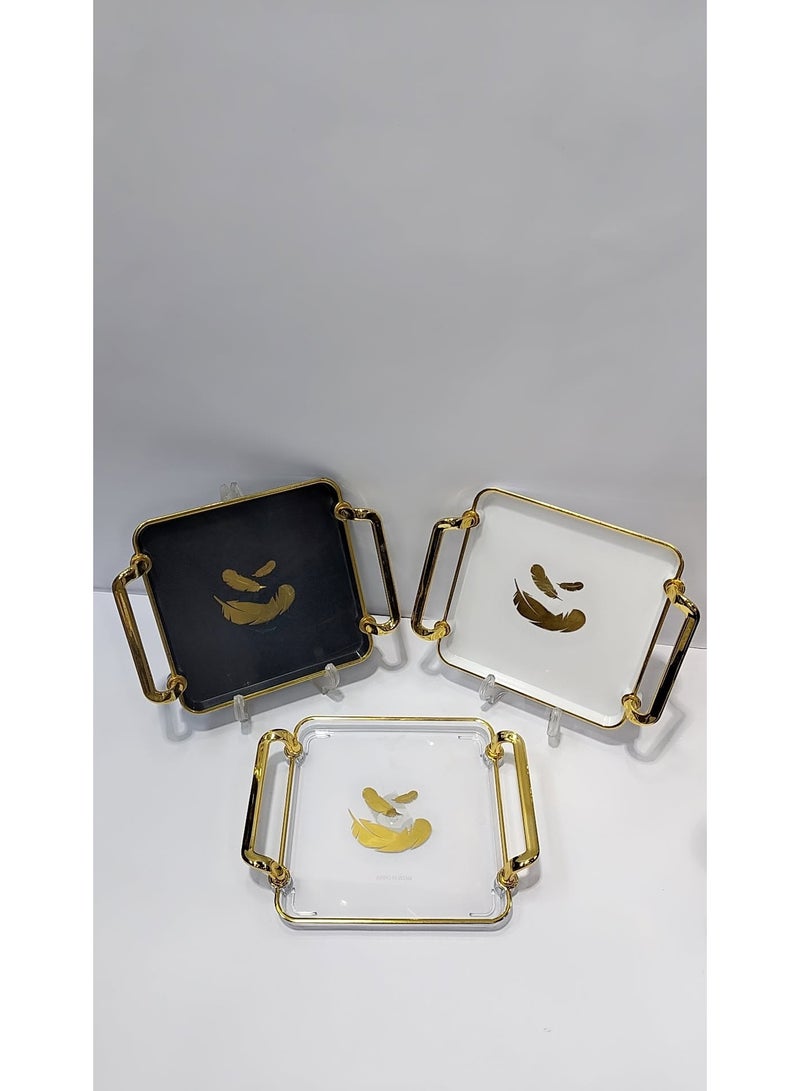Set of 3 Square Serving Trays with Gold Handles – Luxury Feather Design – Multi-Purpose – White, Black & Transparent – 20×20 cm - Image 1